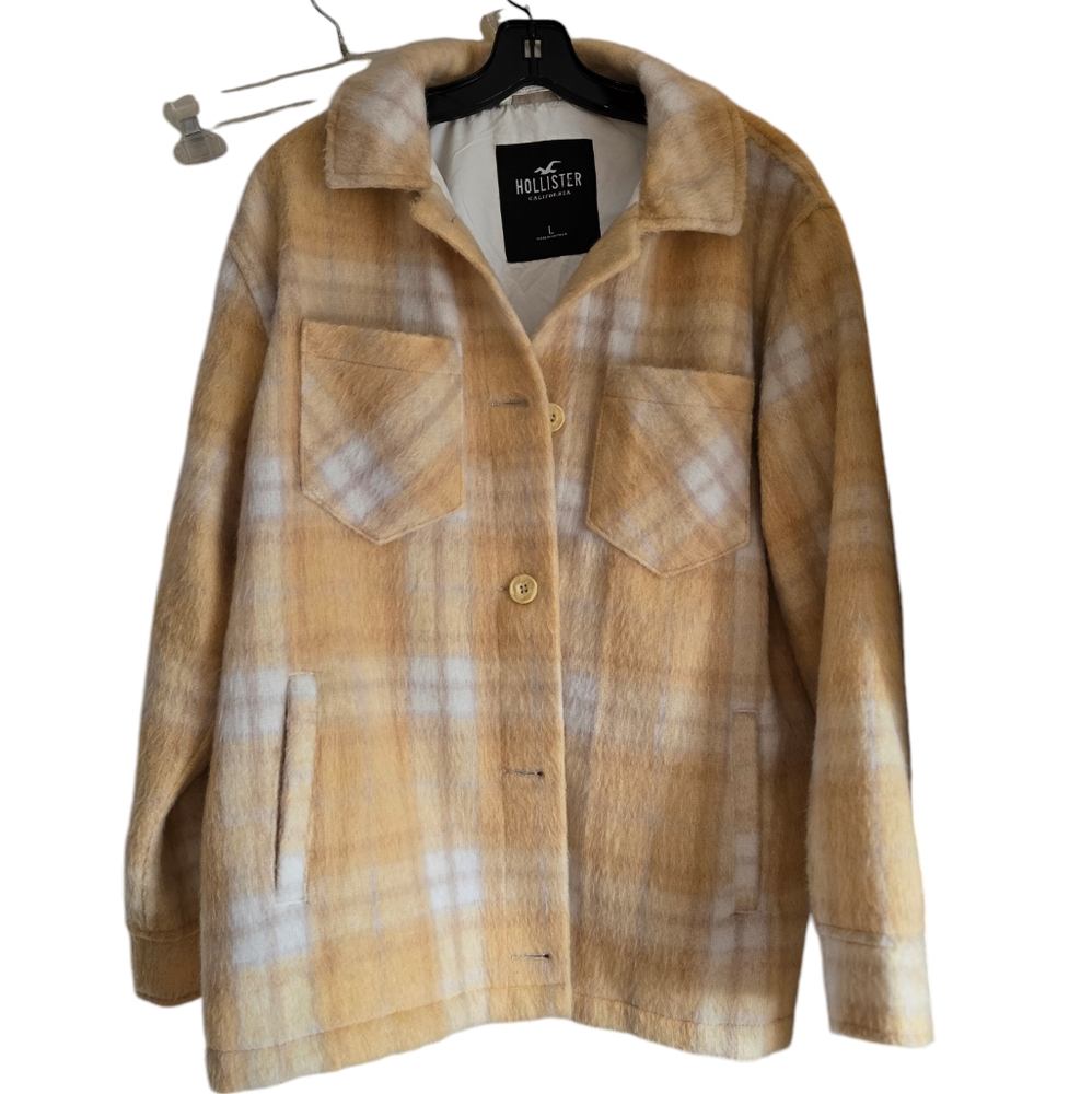 Hollister Plaid Shacket Jacket Top Yellow Cream Oversized Relaxed Size Large